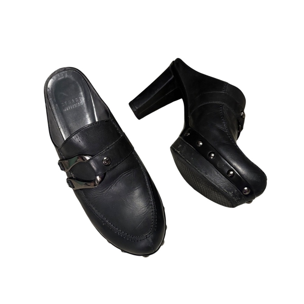 Stuart Weitzman Platform Clogs Womens 9 Blackβ Leather Studded Buckle Mules